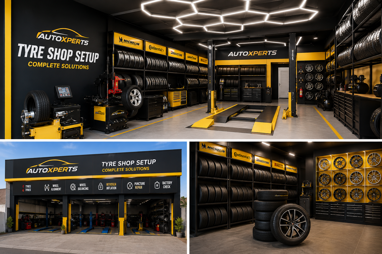 Tyre shop setup equipment including tyre changer, wheel balancer, wheel alignment machine, nitrogen inflator and air compressor