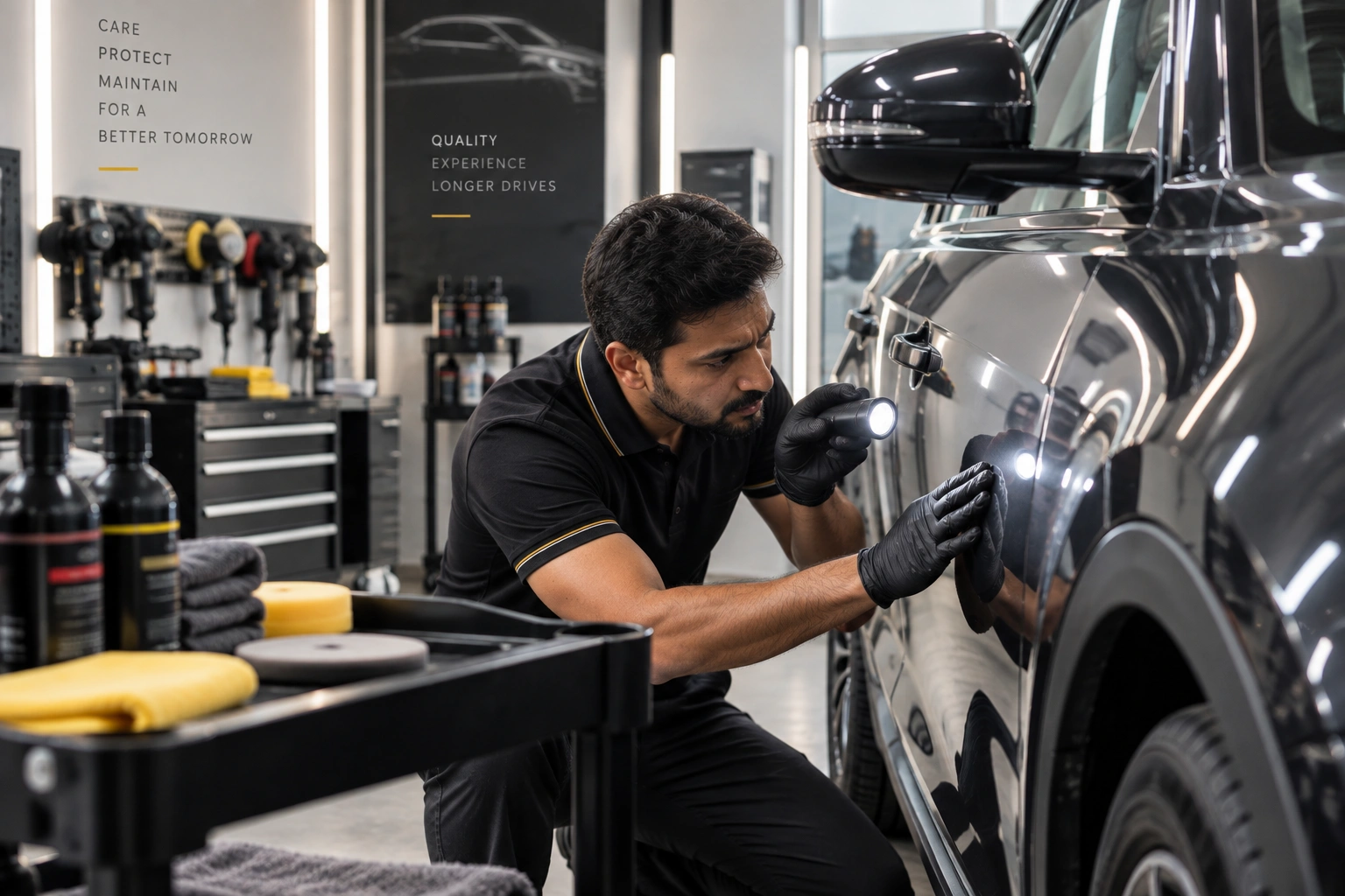 Automotive professional inspecting vehicle workmanship