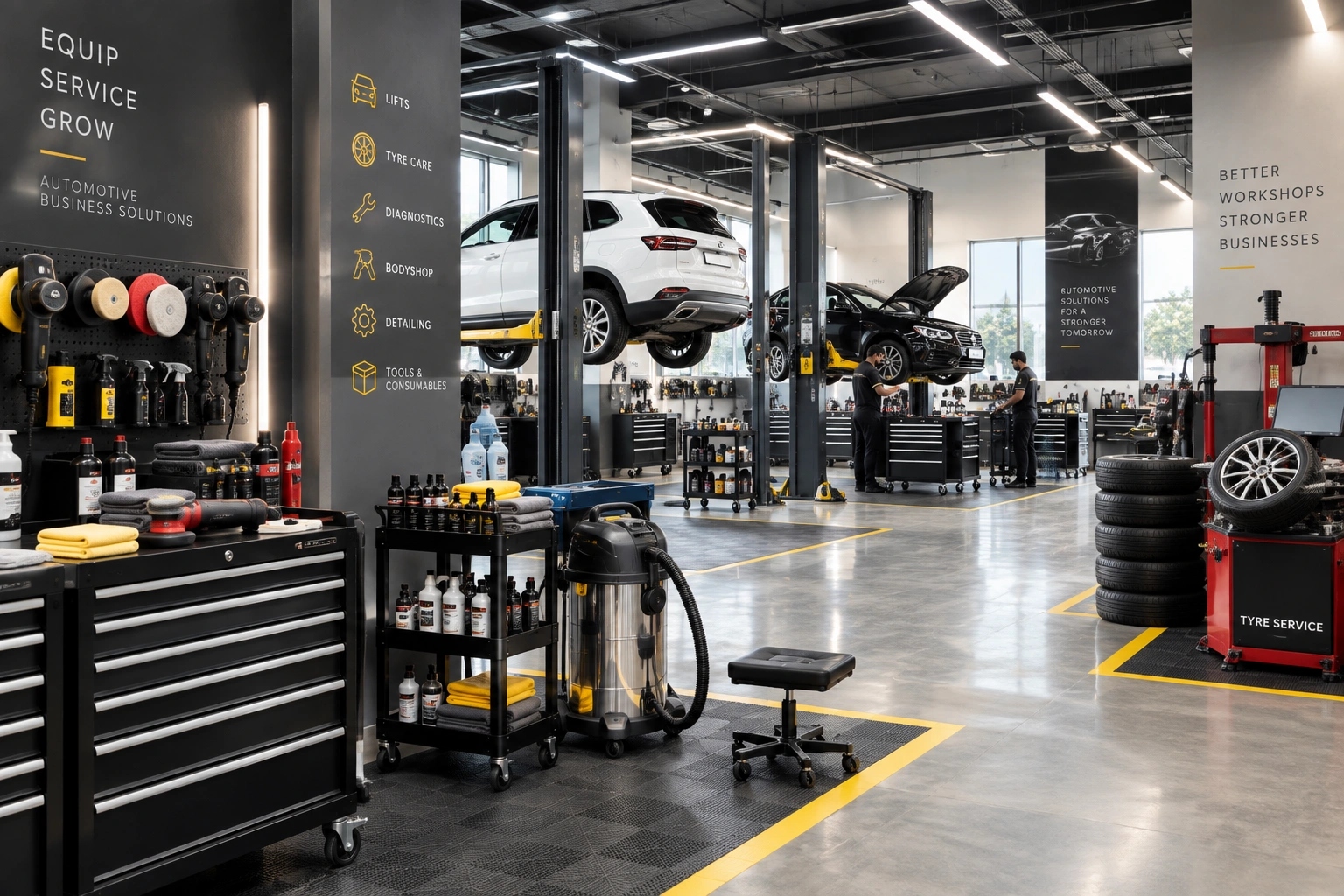 Modern automotive workshop equipment and business setup concept