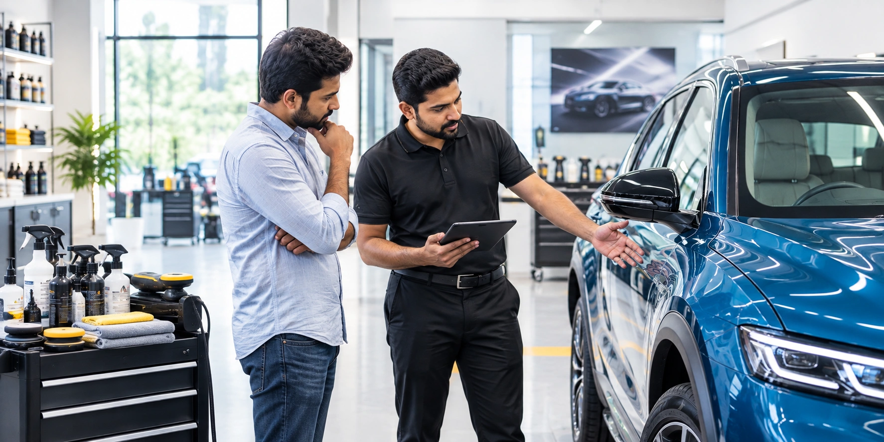 Automotive detailing expert inspecting a car in Hyderabad