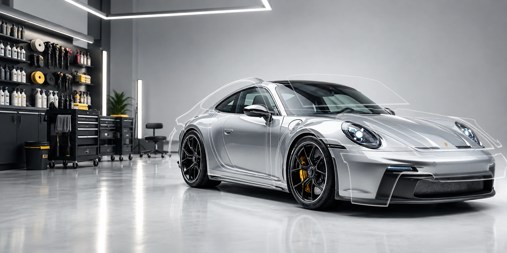 Car with Paint Protection Film concept in an automotive detailing studio