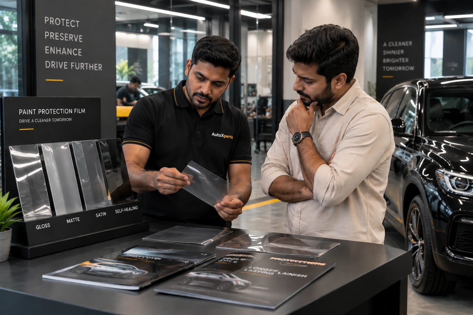 Illustration of a customer discussing PPF options with an automotive expert