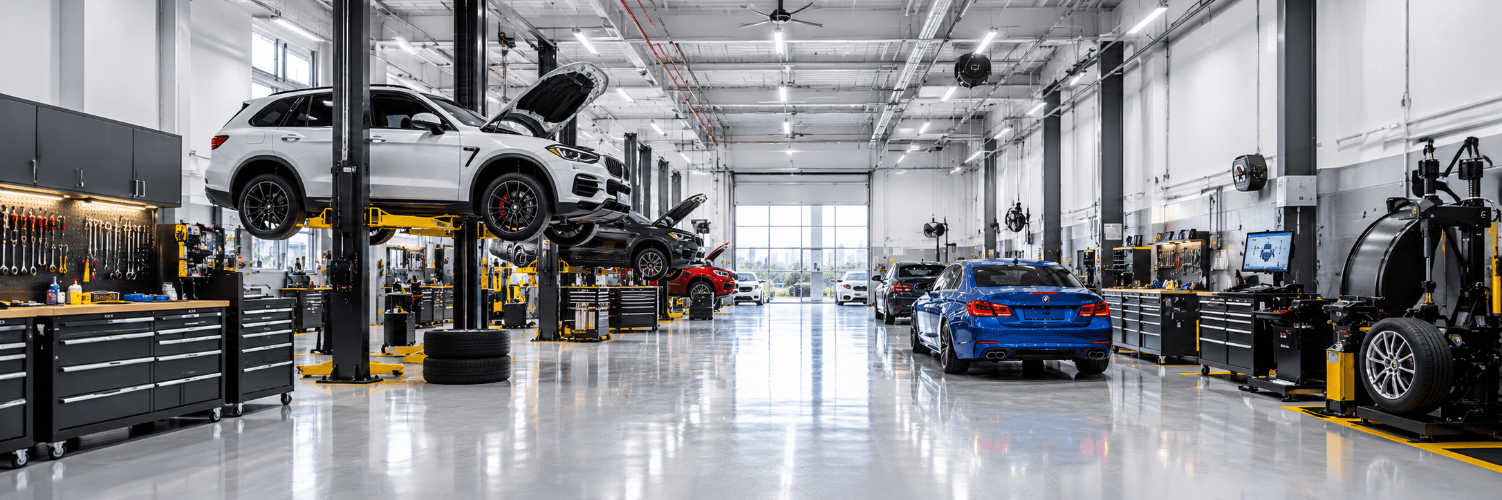 Illustrative automotive workshop setup with service bays and equipment